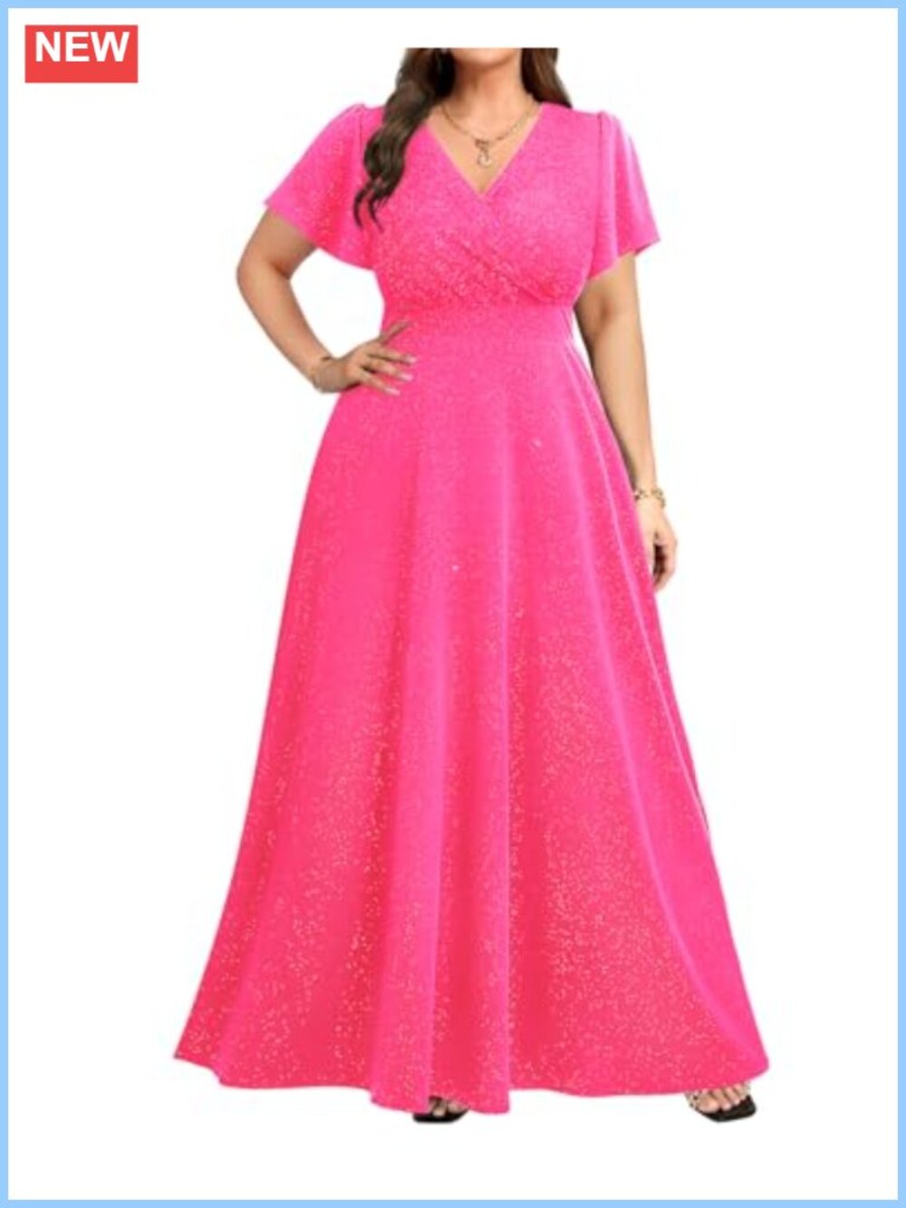 Plus Size Formal Evening Gown Sparkly Glitter Ruffle Sleeve Maxi Dress